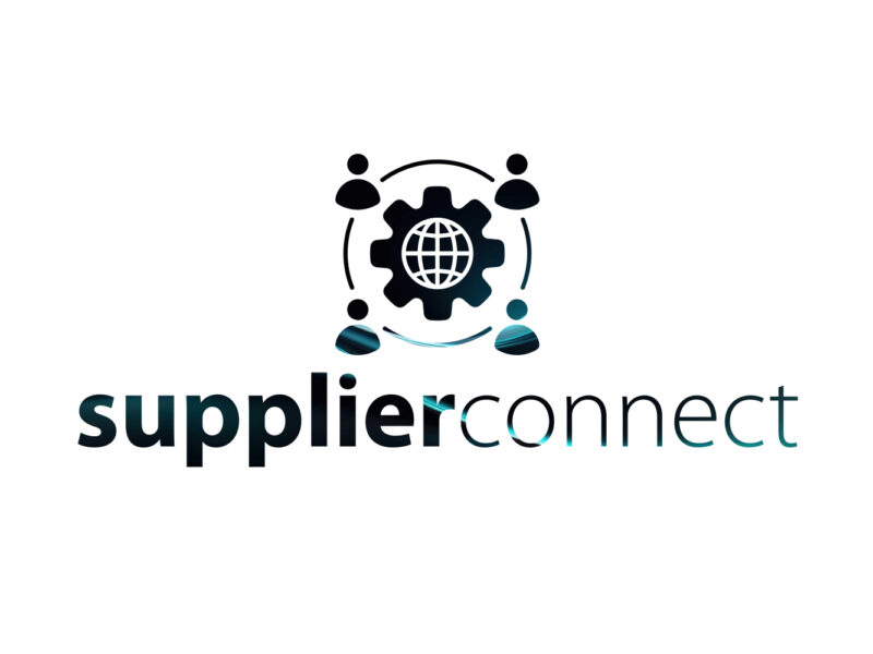 Λογότυπο SupplierConnect με γρανάζι, υδρόγειο και συνδεδεμένα άτομα